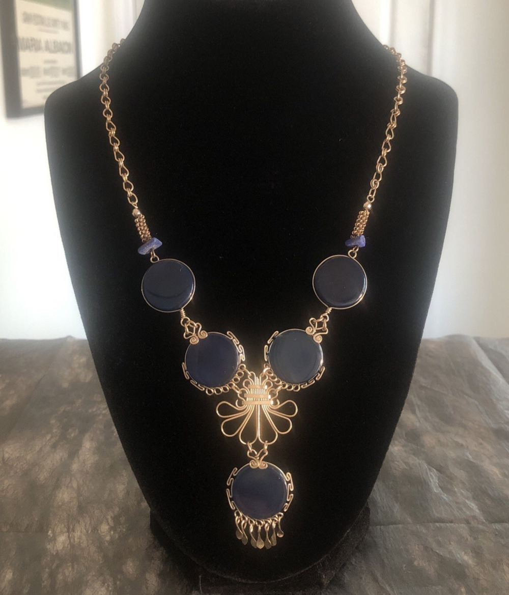 Statement bib apron necklace Silver tone filigree Lapis Lazuli chip Blue Glass